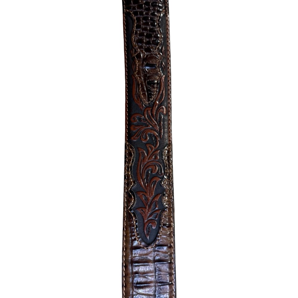 Tony Lama Western Belt Mens 34 Brown Excellent Leather Floral Tooled Gator Print - Picture 3 of 6